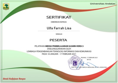 Sertifikat Pelatihan Ilearn V Unand A N Ulfa Farrah Lisa Document